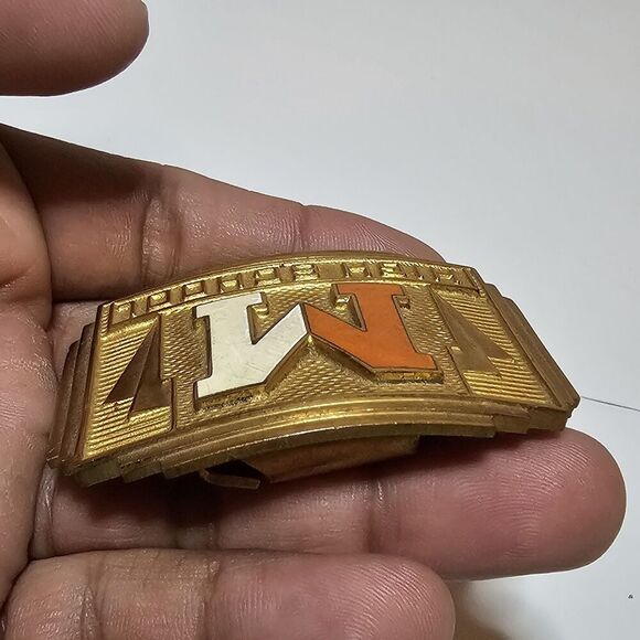 Vintage Invisible Made In The Usa Brass Belt Buckle "M HIGHSCHOOL" Orange White - Picture 4 of 9